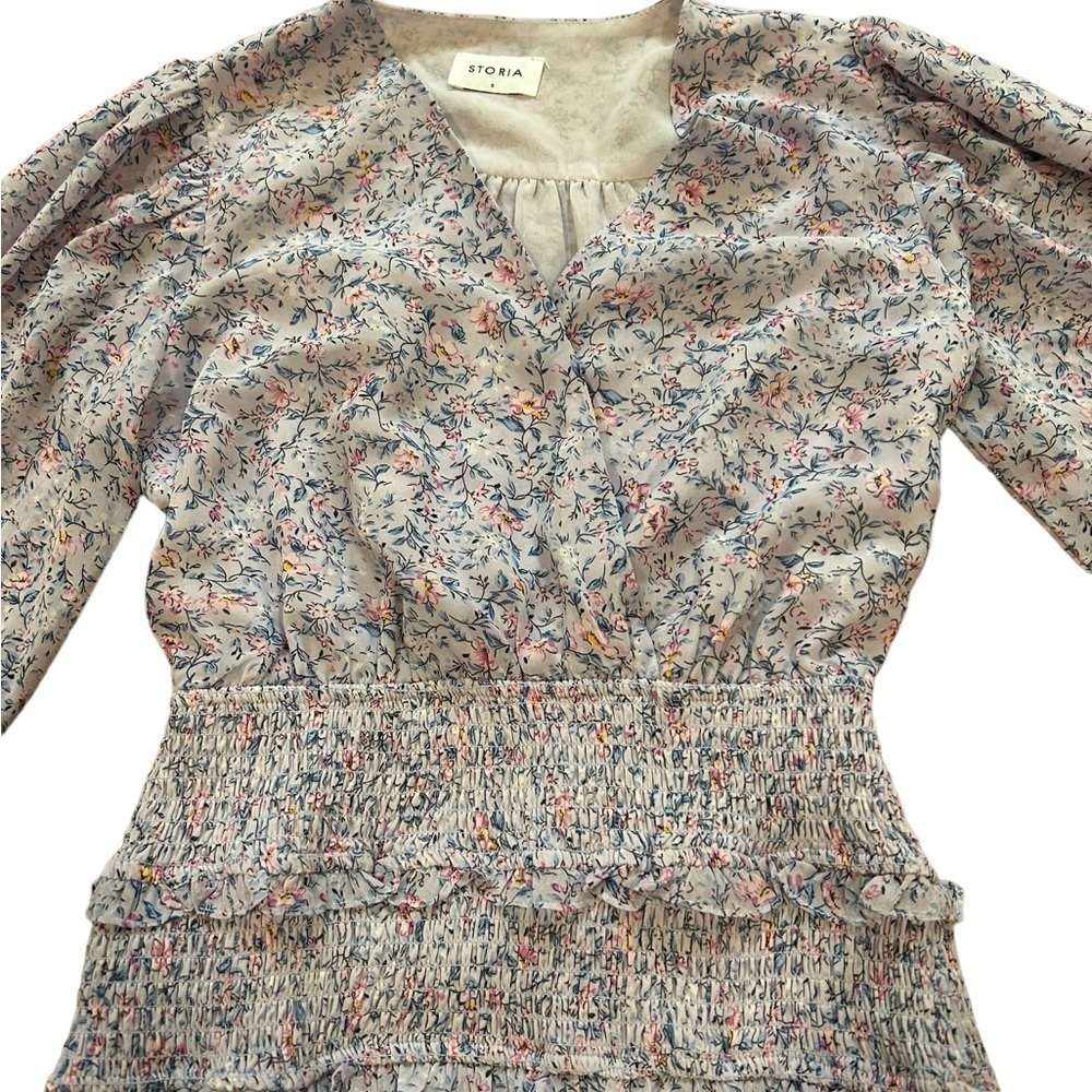Storia purple floral long sleeve, smocked mini dress - Picture 3 of 6